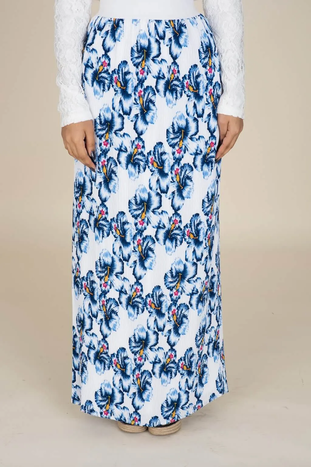 Blue Floral Pencil Pleated Skirt