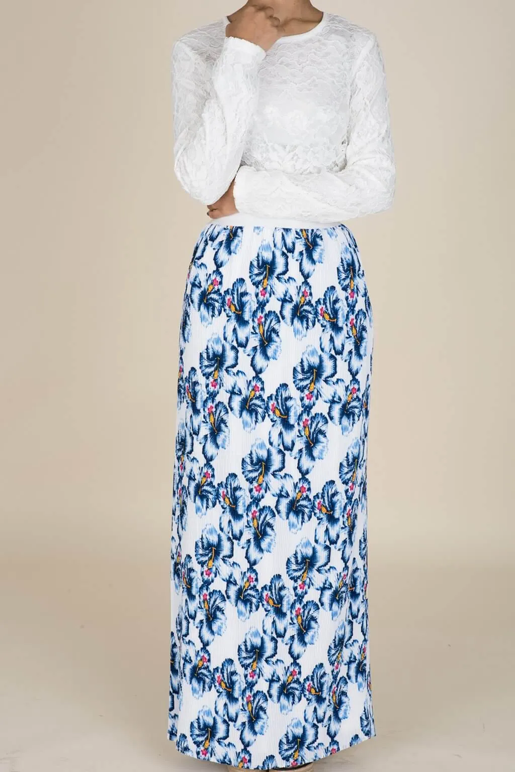 Blue Floral Pencil Pleated Skirt