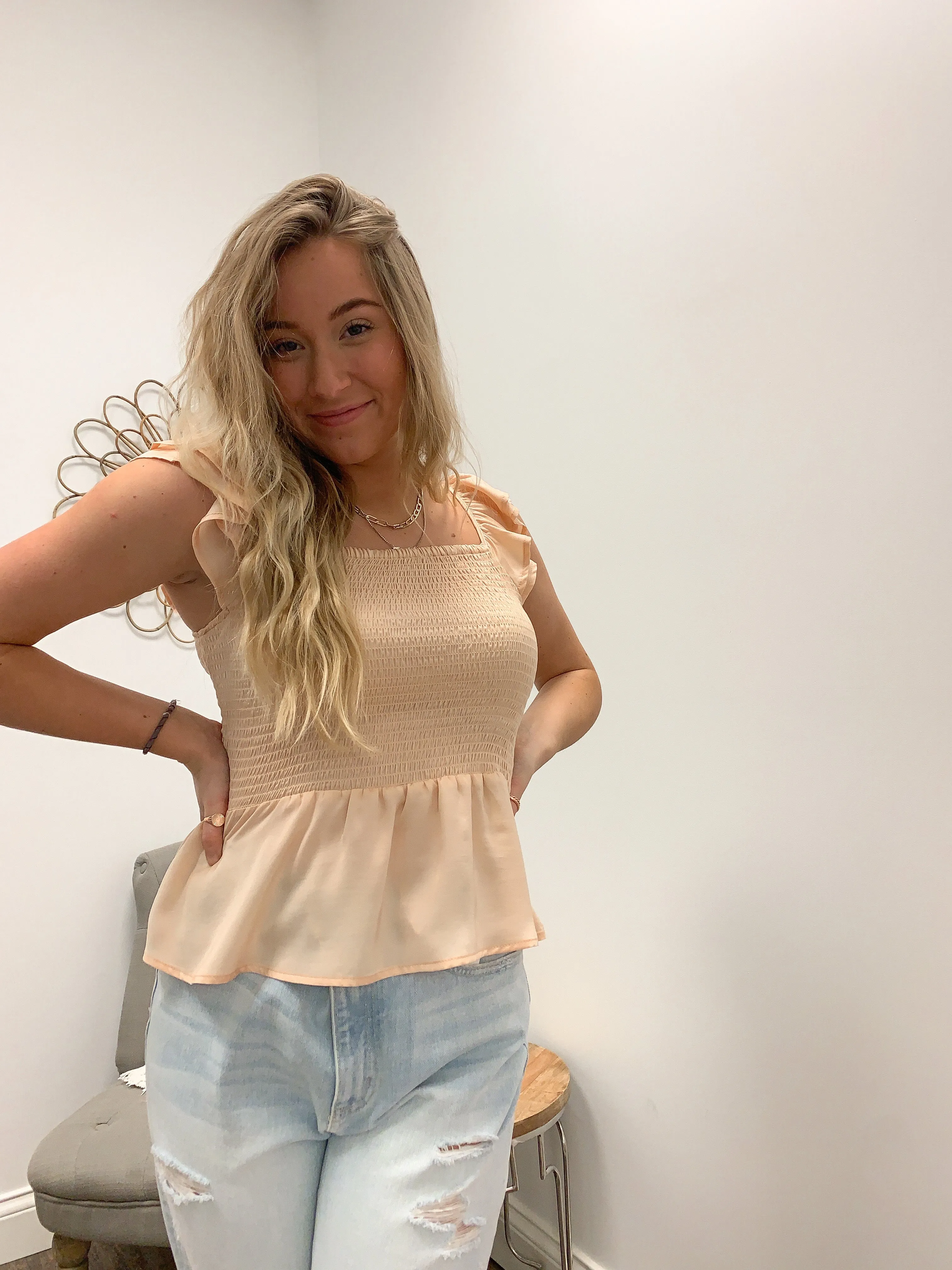Blush Smocked Peplum Top with Flutter Shoulders