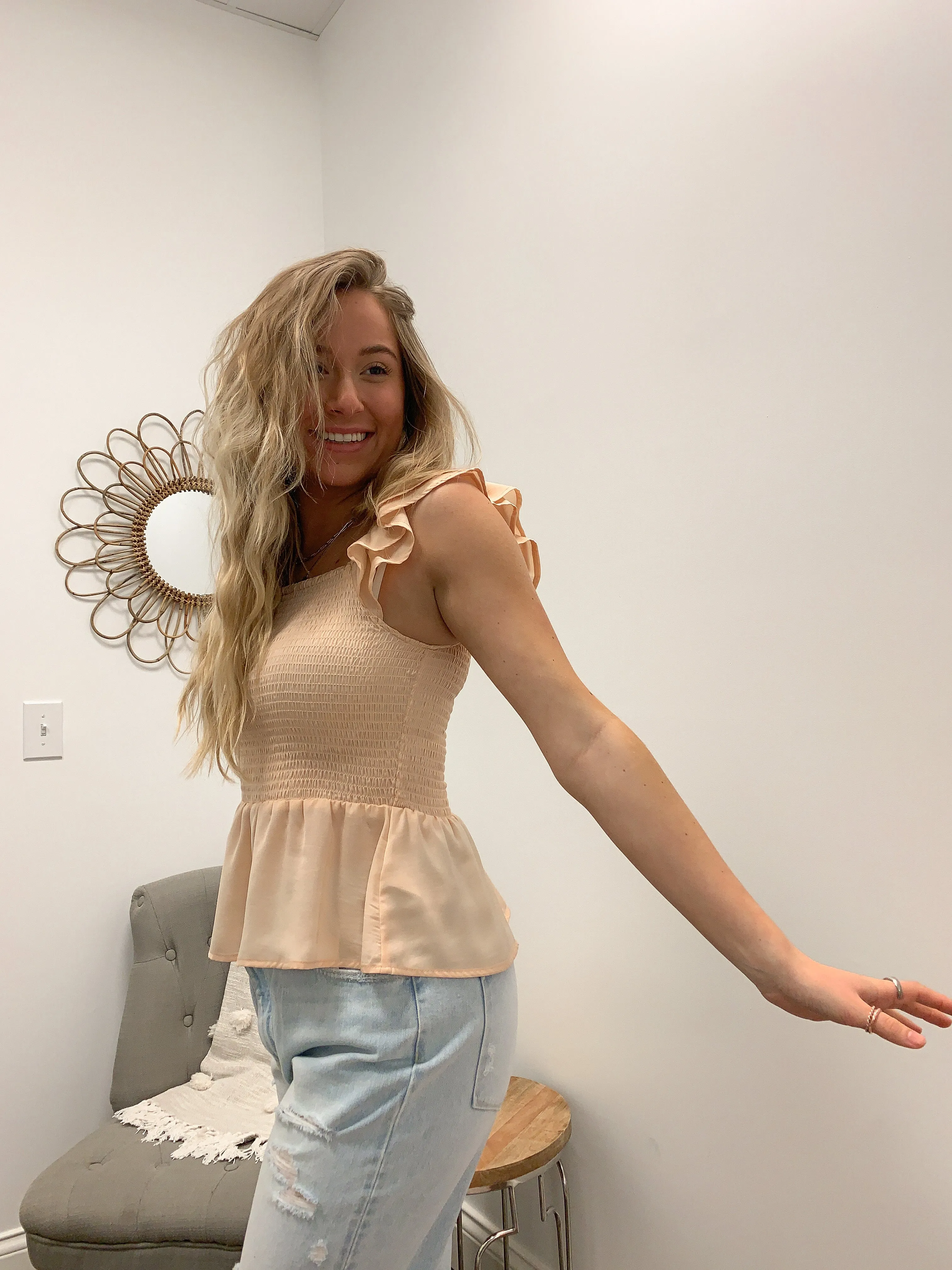 Blush Smocked Peplum Top with Flutter Shoulders