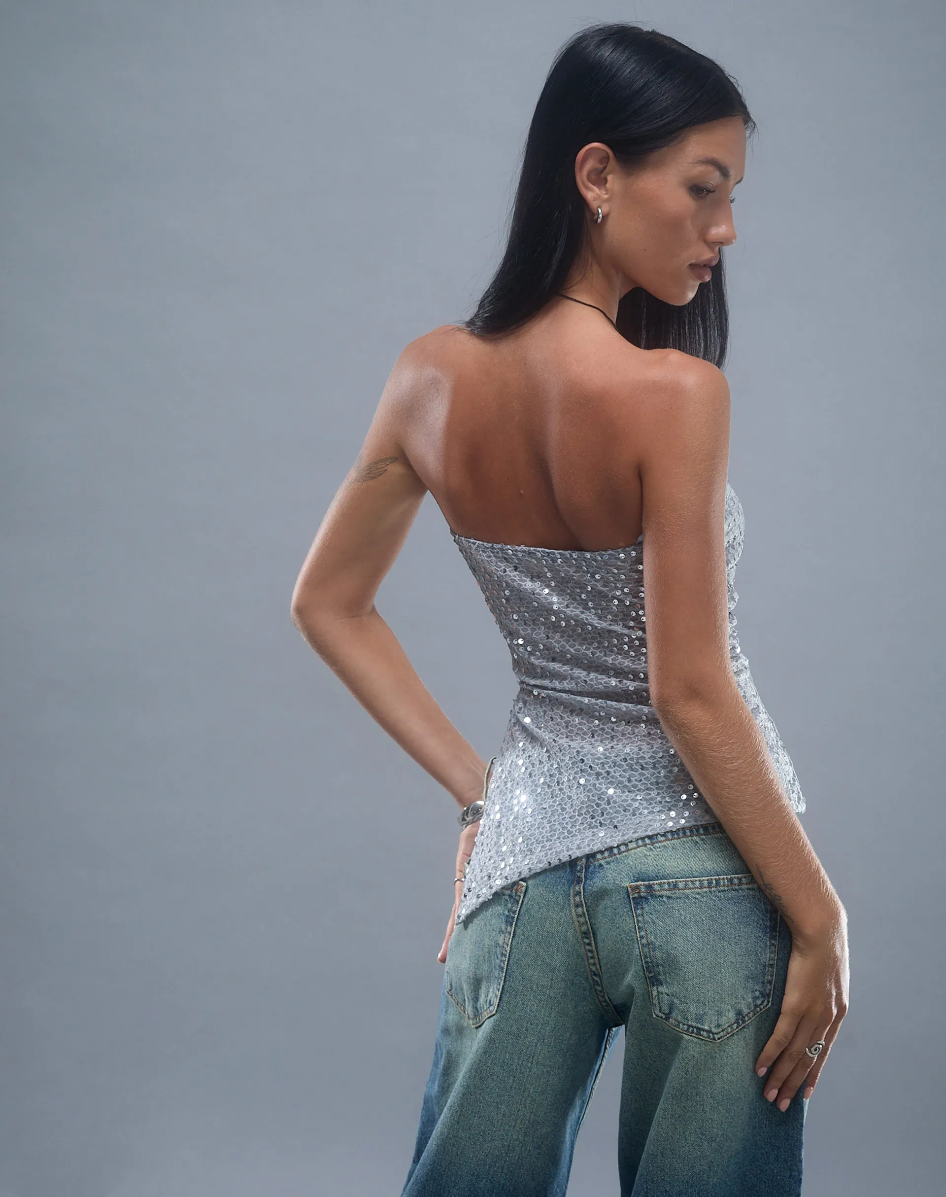 Brilia Bandeau Top in Sequin Knit Silver