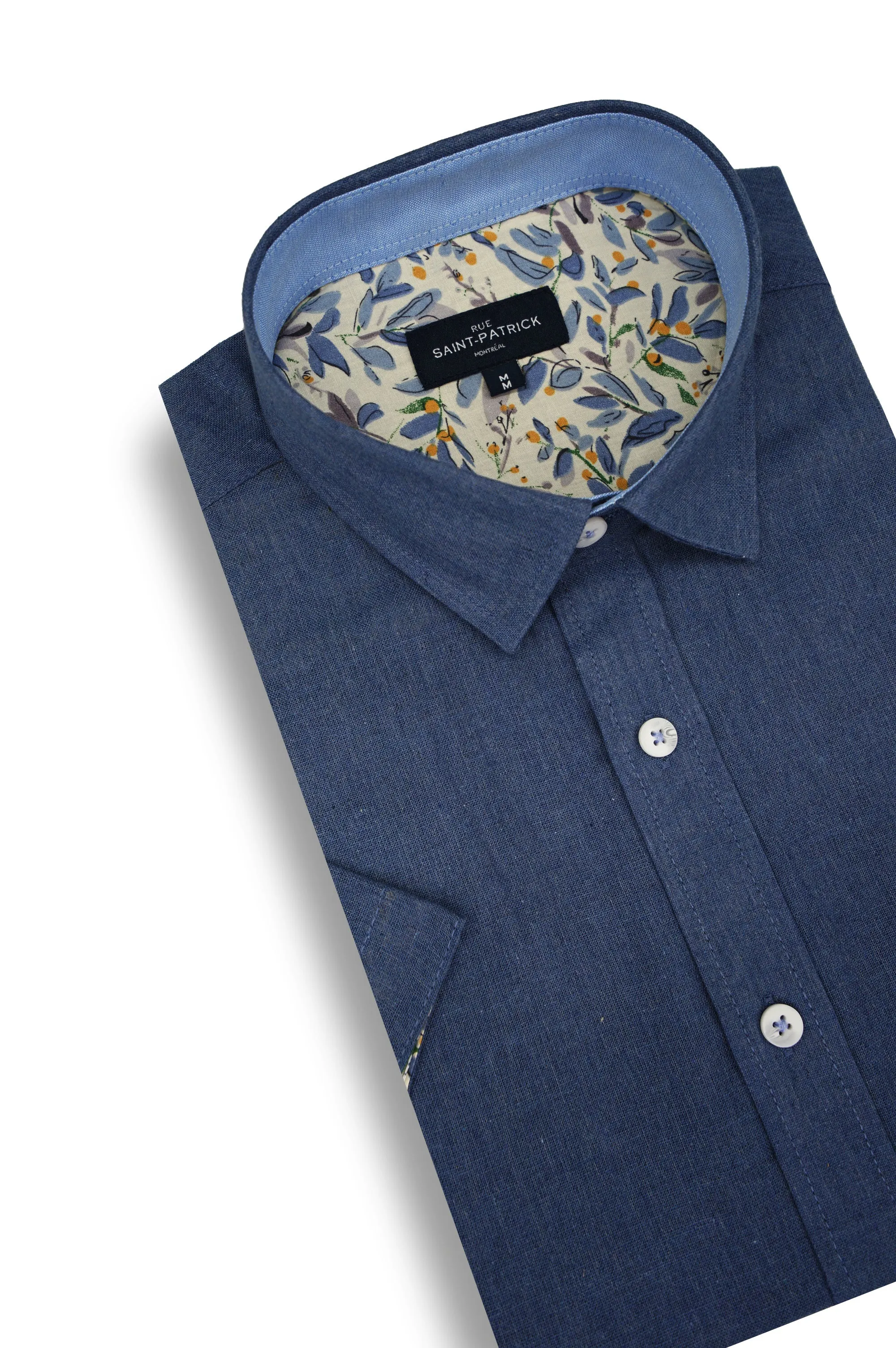 Buckinghamshire Linen Blend Short Sleeve Shirt in Denim Blue