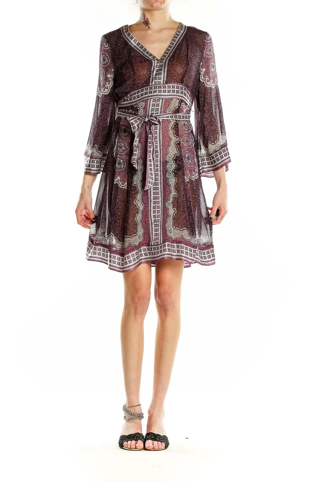 Burgundy Paisley Print Wrap Dress