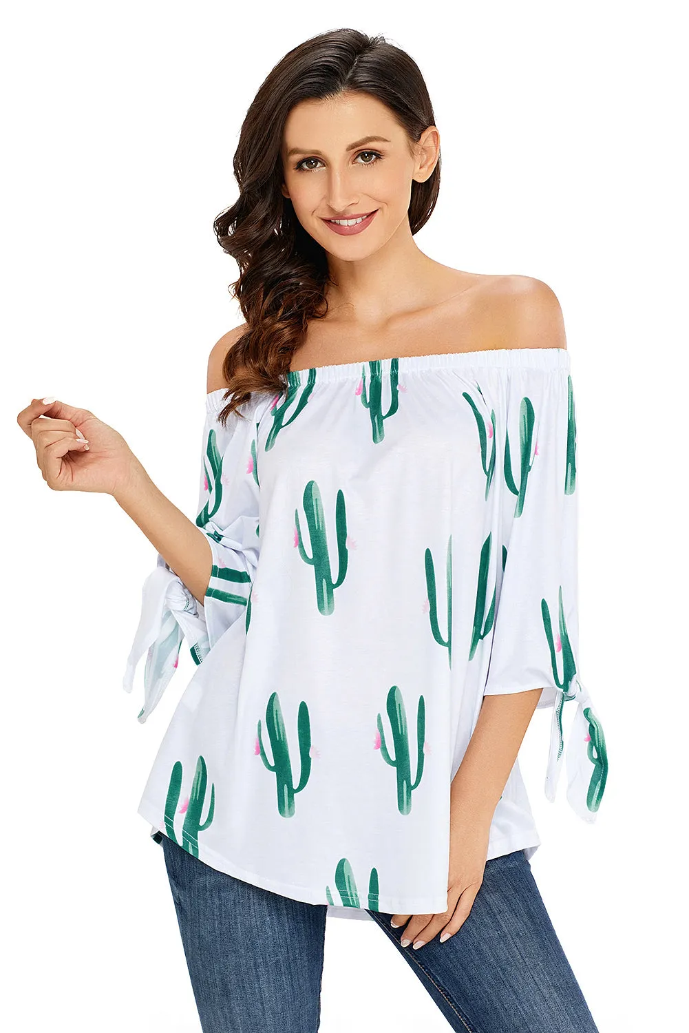 Cactus Print Elastic Off Shoulder Top
