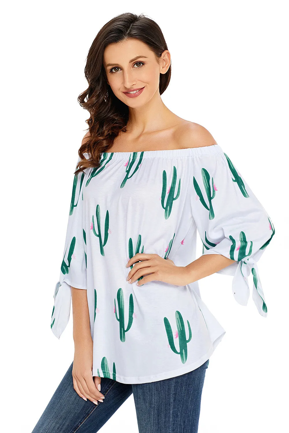 Cactus Print Elastic Off Shoulder Top