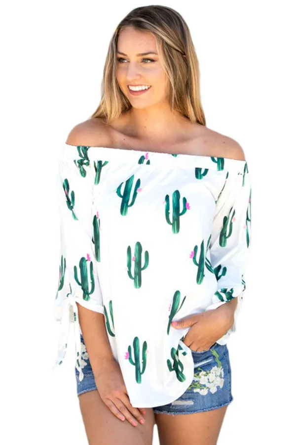 Cactus Print Elastic Off Shoulder Top