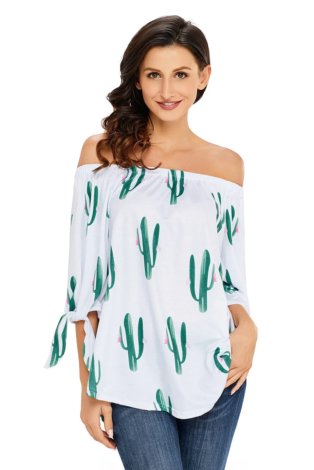 Cactus Print Elastic Off Shoulder Top