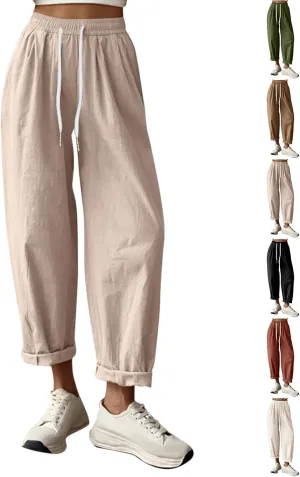 Capri Linen Pants for Women Cropped Elastic Waist Pants Cotton Ankle Lounge Pants Summer Casual Pants with Pockets