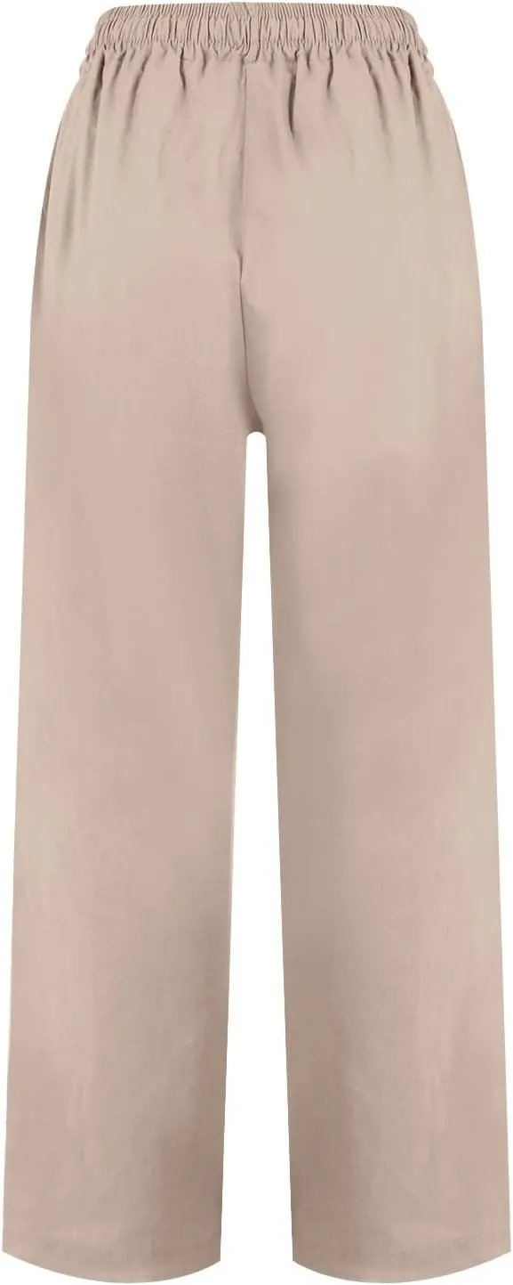 Capri Linen Pants for Women Cropped Elastic Waist Pants Cotton Ankle Lounge Pants Summer Casual Pants with Pockets