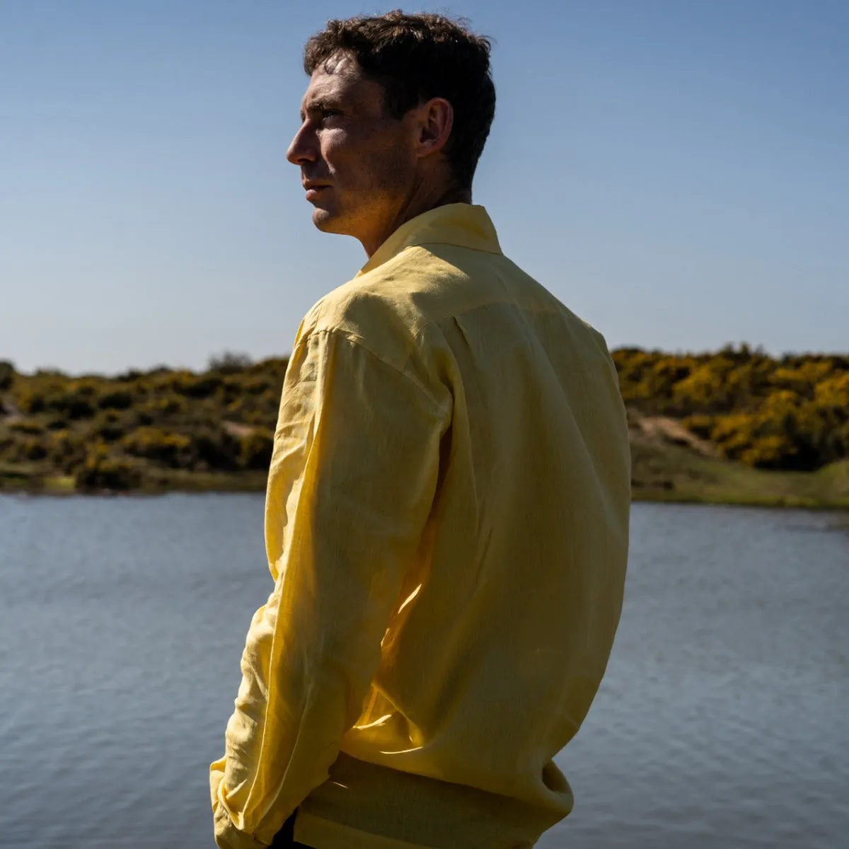 Casual Fit Plain Linen Button Cuff Shirt in Yellow