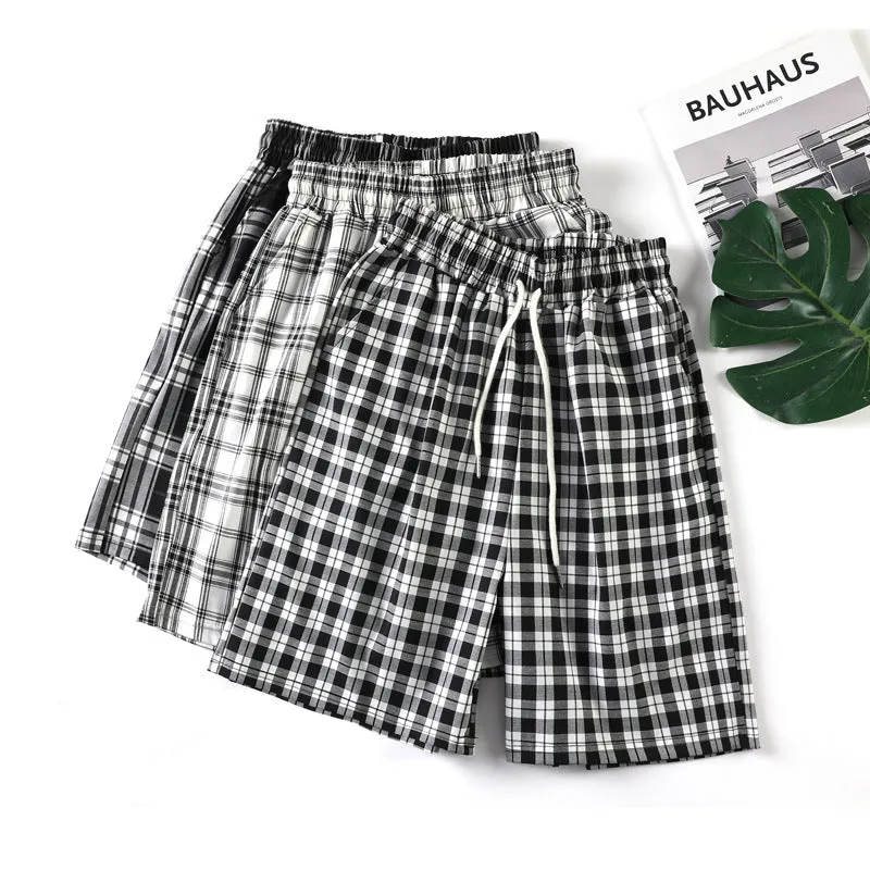 Chequered Shorts Women Fresh Looking Petite Summer Thin Casual Wide Leg Pants Straight High Waist Loose All-Matching Bermuda Shorts