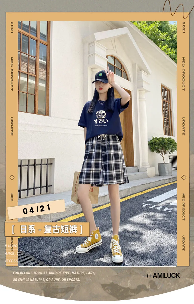 Chequered Shorts Women Fresh Looking Petite Summer Thin Casual Wide Leg Pants Straight High Waist Loose All-Matching Bermuda Shorts
