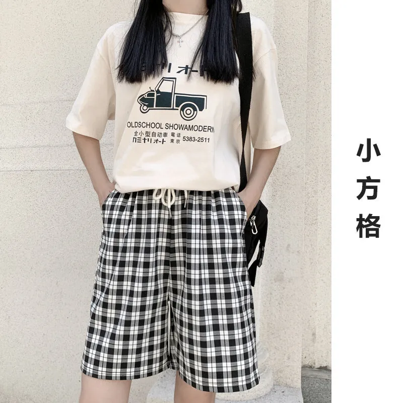 Chequered Shorts Women Fresh Looking Petite Summer Thin Casual Wide Leg Pants Straight High Waist Loose All-Matching Bermuda Shorts
