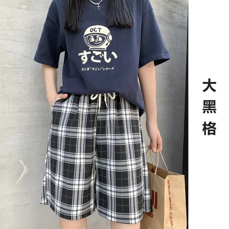 Chequered Shorts Women Fresh Looking Petite Summer Thin Casual Wide Leg Pants Straight High Waist Loose All-Matching Bermuda Shorts