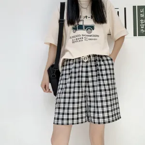 Chequered Shorts Women Fresh Looking Petite Summer Thin Casual Wide Leg Pants Straight High Waist Loose All-Matching Bermuda Shorts