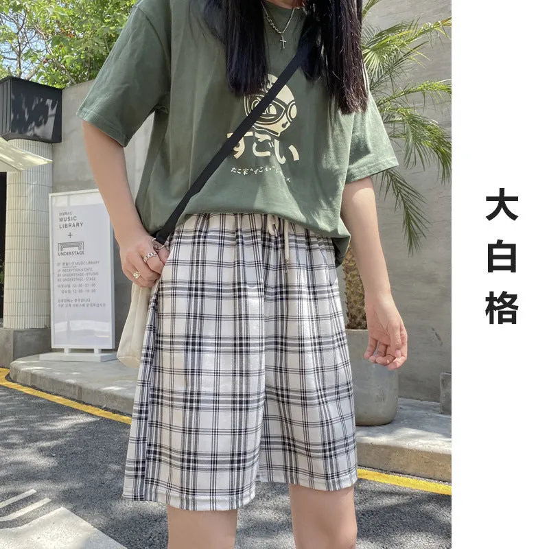 Chequered Shorts Women Fresh Looking Petite Summer Thin Casual Wide Leg Pants Straight High Waist Loose All-Matching Bermuda Shorts