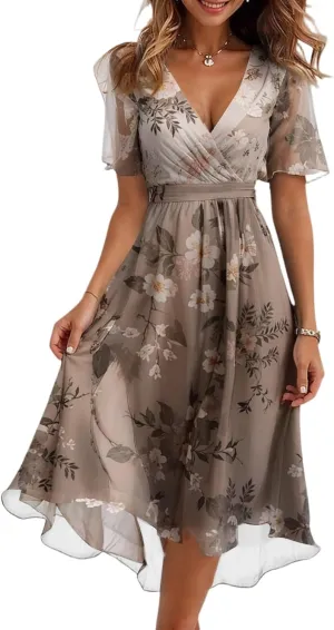 Chiffon Dresses for Women Cocktail 2025 Summer V Neck Wrap Dresses Wedding Guest Womens Midi Flowy Floral Dress
