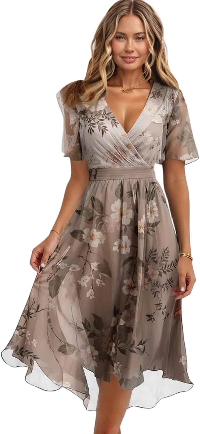 Chiffon Dresses for Women Cocktail 2025 Summer V Neck Wrap Dresses Wedding Guest Womens Midi Flowy Floral Dress