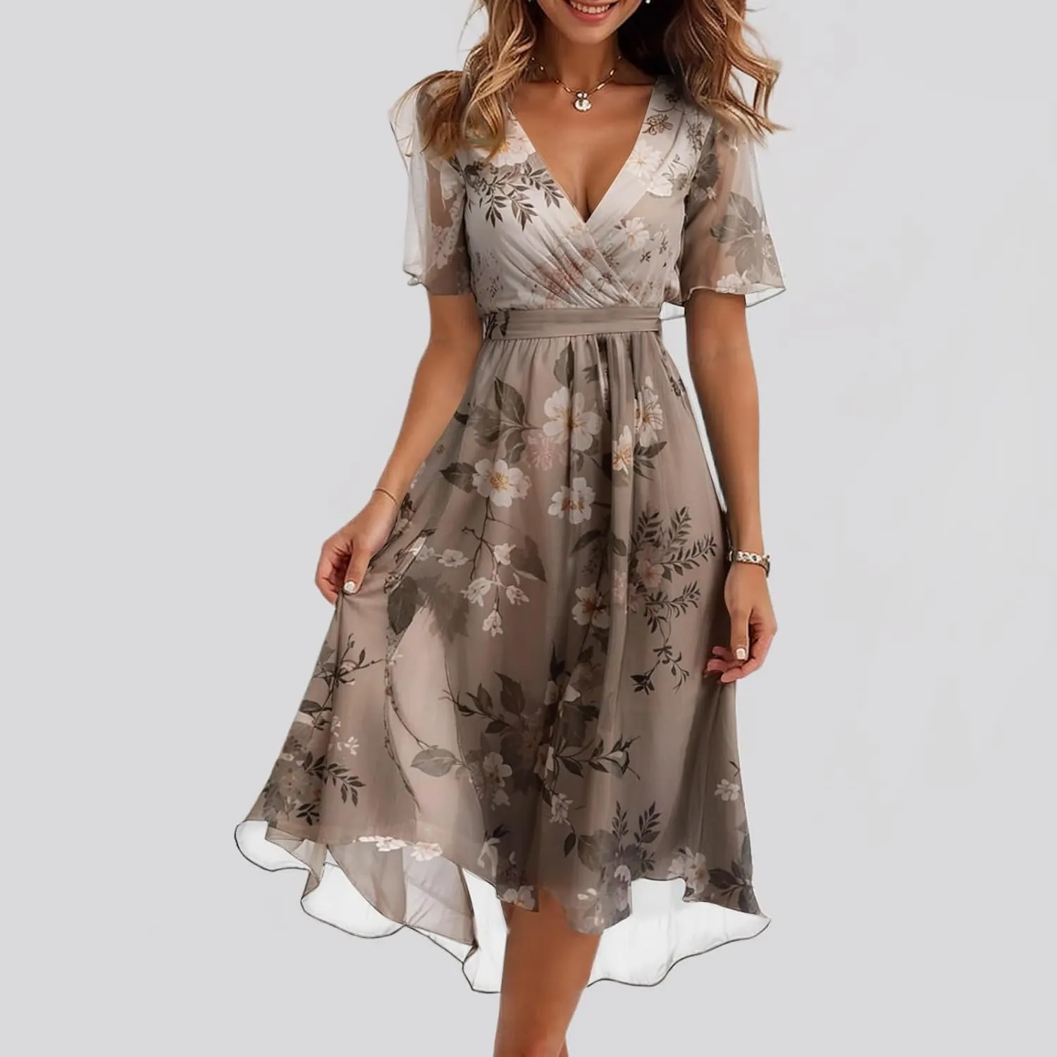 Chiffon Dresses for Women Cocktail 2025 Summer V Neck Wrap Dresses Wedding Guest Womens Midi Flowy Floral Dress