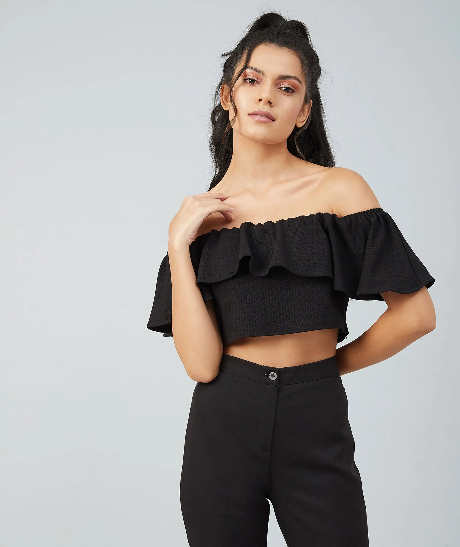 Chimpaaanzee Women Black Off Shoulder Bodycon Crop Top