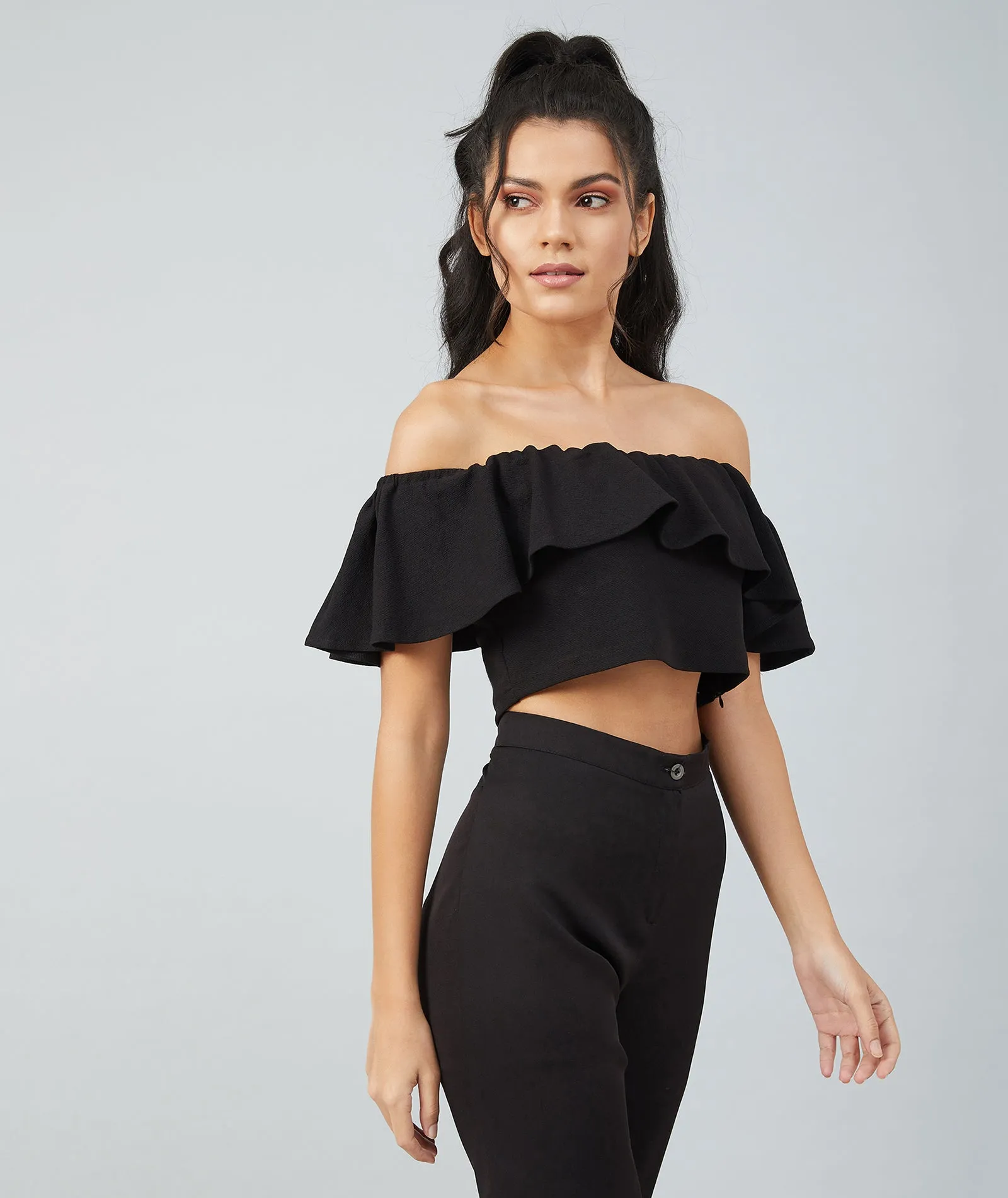 Chimpaaanzee Women Black Off Shoulder Bodycon Crop Top