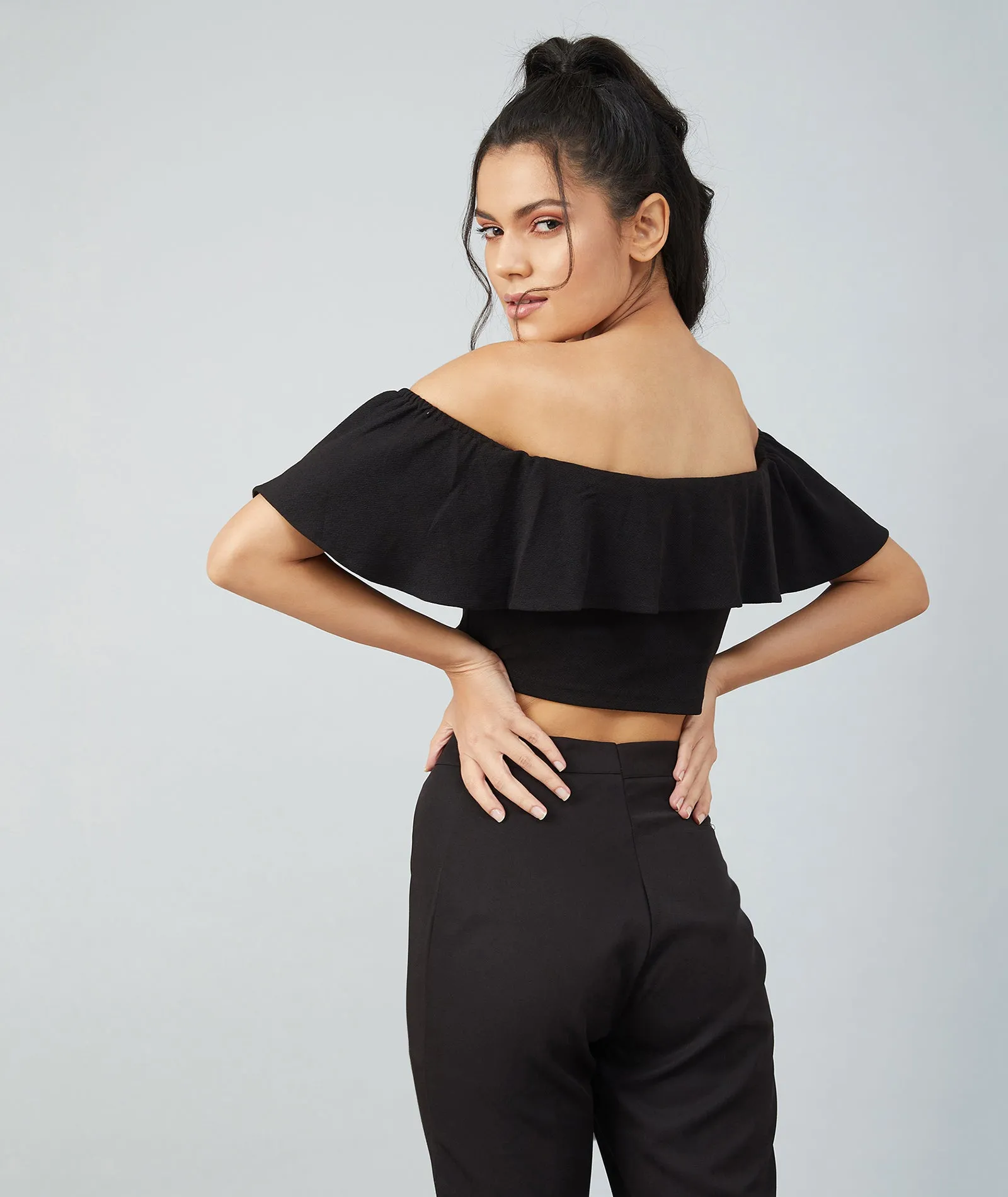 Chimpaaanzee Women Black Off Shoulder Bodycon Crop Top