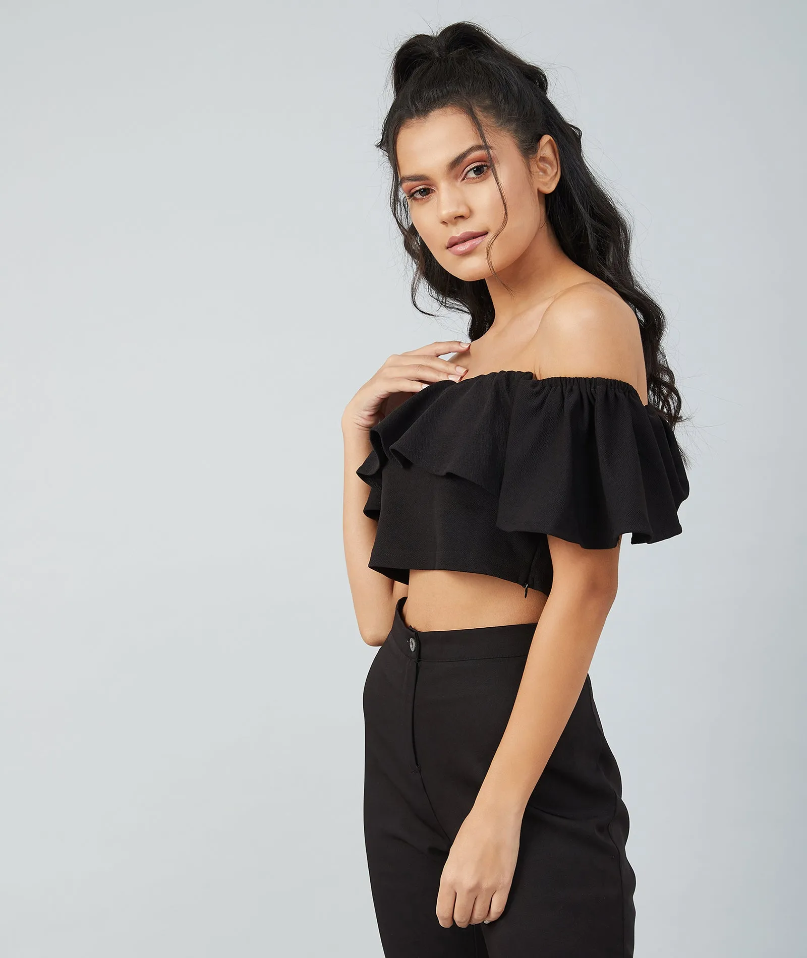 Chimpaaanzee Women Black Off Shoulder Bodycon Crop Top