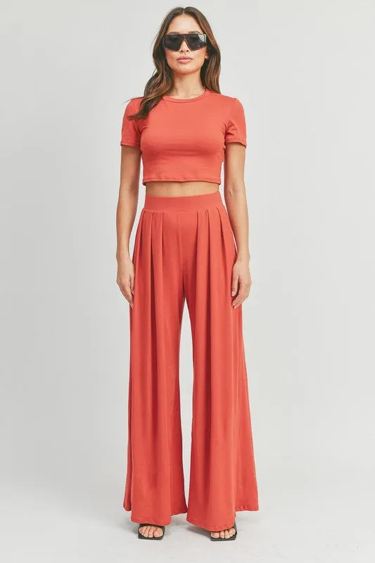 Coral Dark Crop Top And Palazzo Pants Set