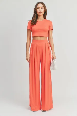 Coral Dark Crop Top And Palazzo Pants Set