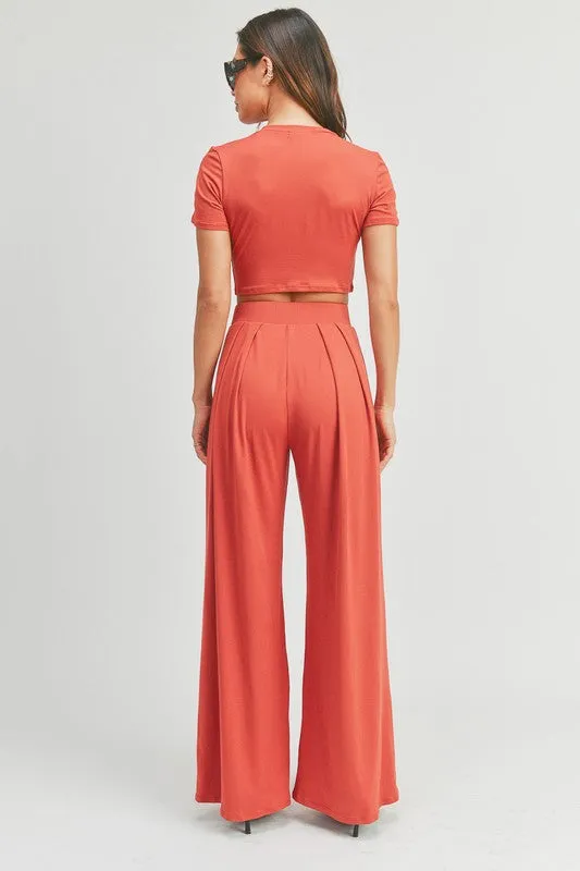 Coral Dark Crop Top And Palazzo Pants Set