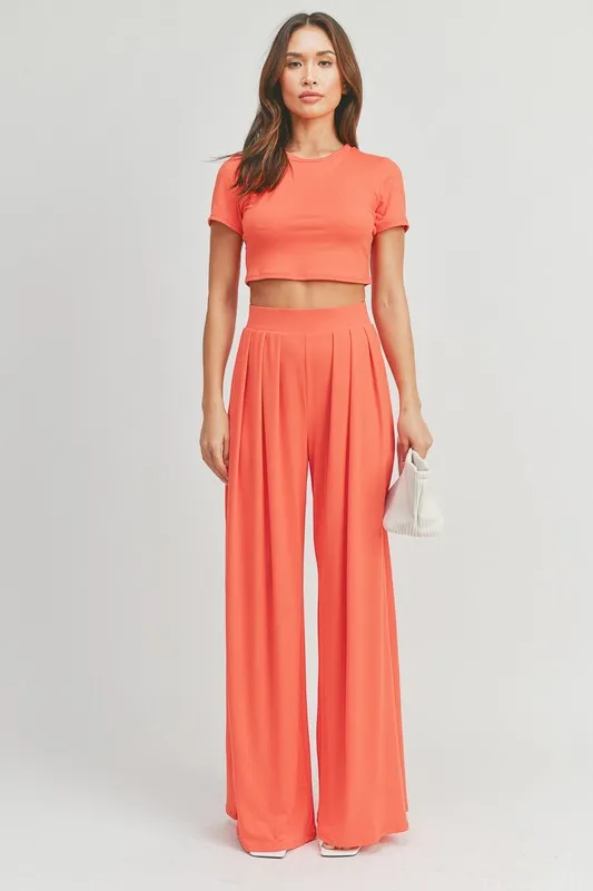 Coral Dark Crop Top And Palazzo Pants Set