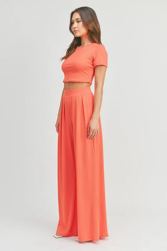 Coral Dark Crop Top And Palazzo Pants Set