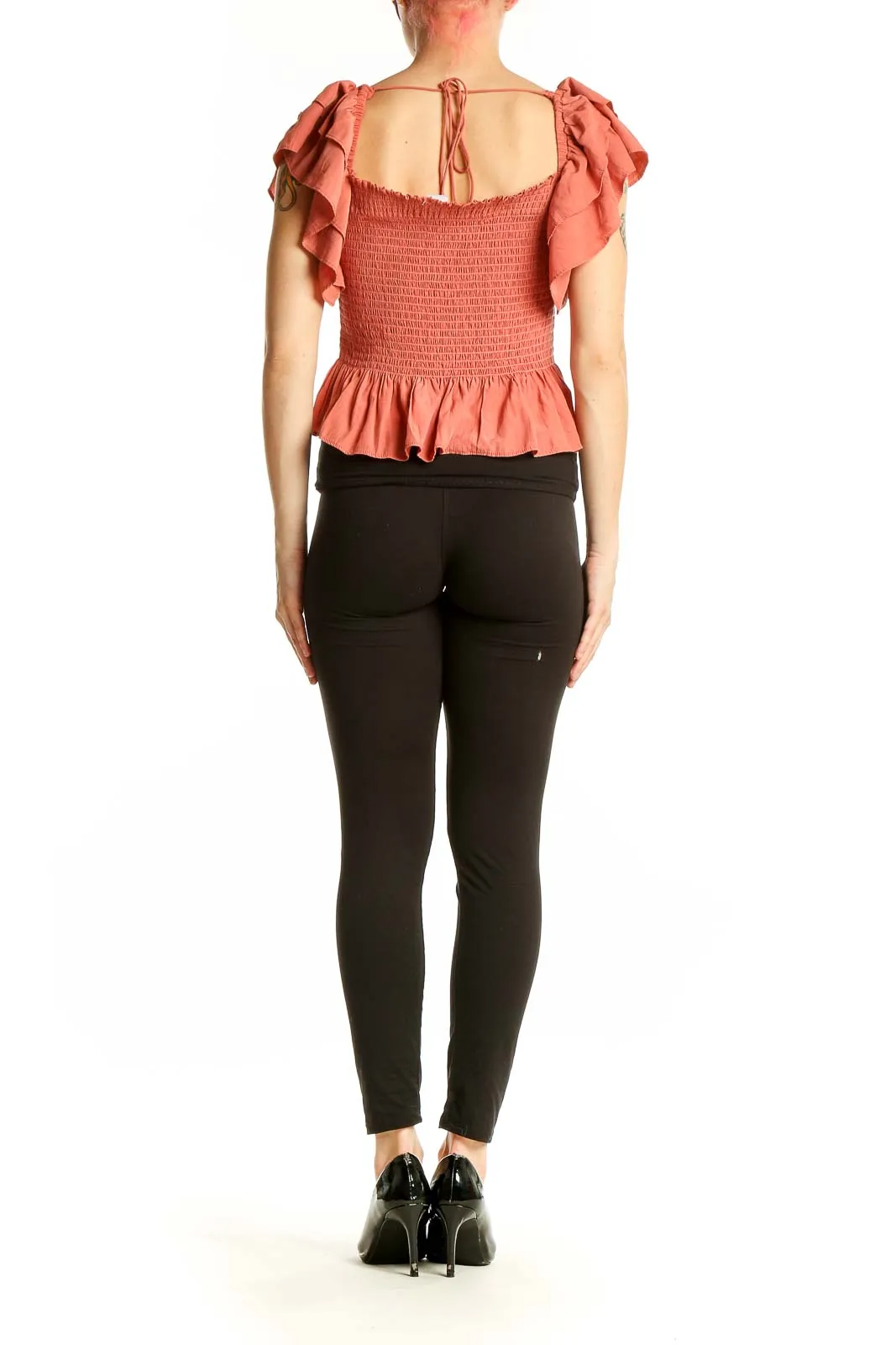Coral Smocked Ruffle Sleeve Crop Top