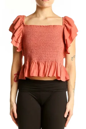 Coral Smocked Ruffle Sleeve Crop Top