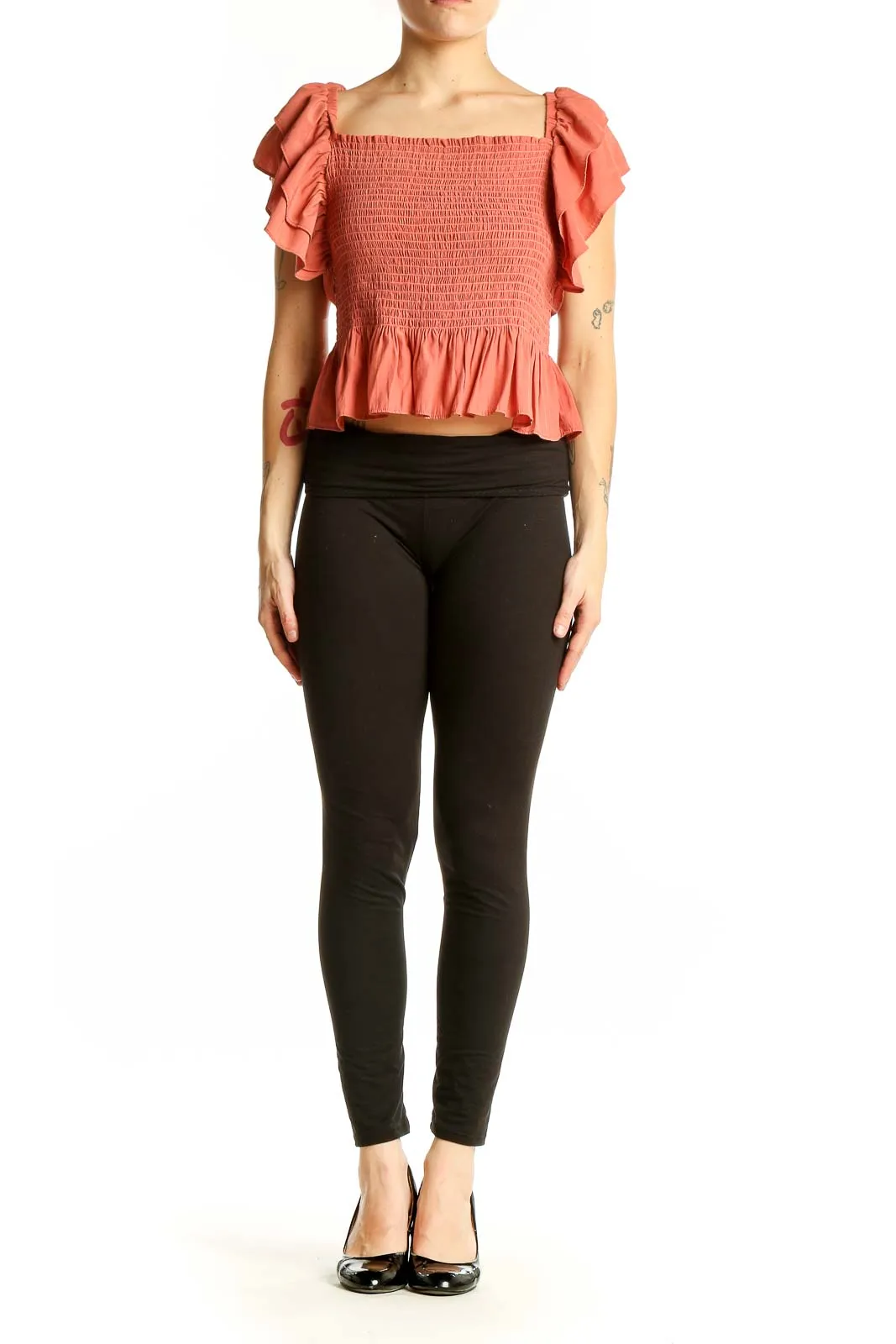 Coral Smocked Ruffle Sleeve Crop Top