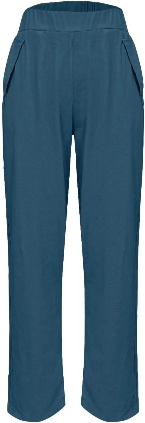 Cropped Linen Pants Women's Summer Elastic Waist Straight Leg Plus Size Crop Pants Casual Beach Trousers with Pockets