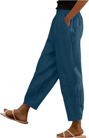 Cropped Linen Pants Women's Summer Elastic Waist Straight Leg Plus Size Crop Pants Casual Beach Trousers with Pockets