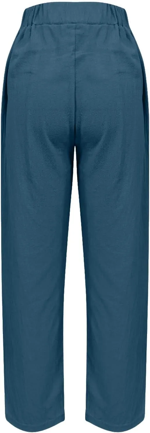 Cropped Linen Pants Women's Summer Elastic Waist Straight Leg Plus Size Crop Pants Casual Beach Trousers with Pockets