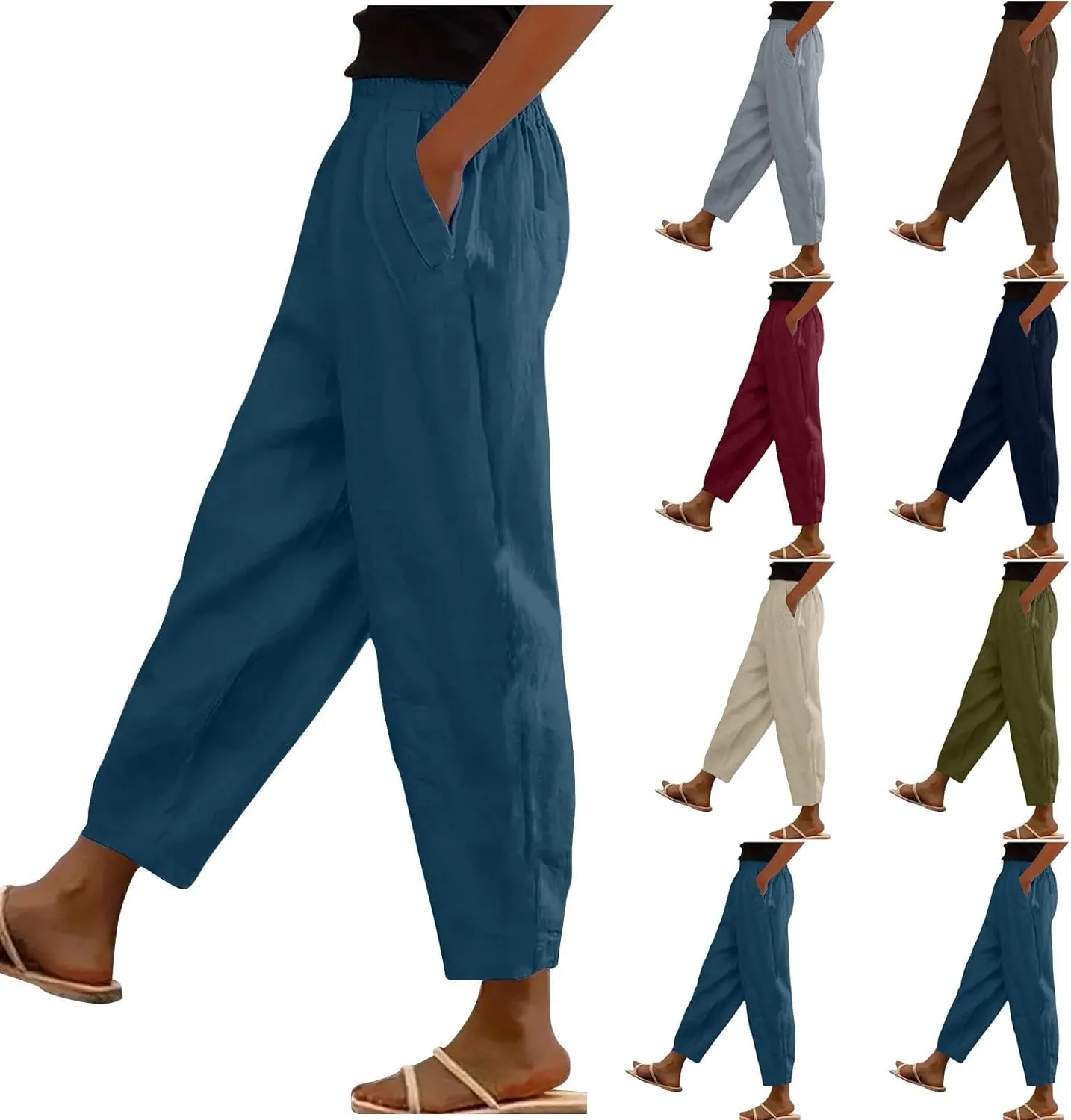 Cropped Linen Pants Women's Summer Elastic Waist Straight Leg Plus Size Crop Pants Casual Beach Trousers with Pockets