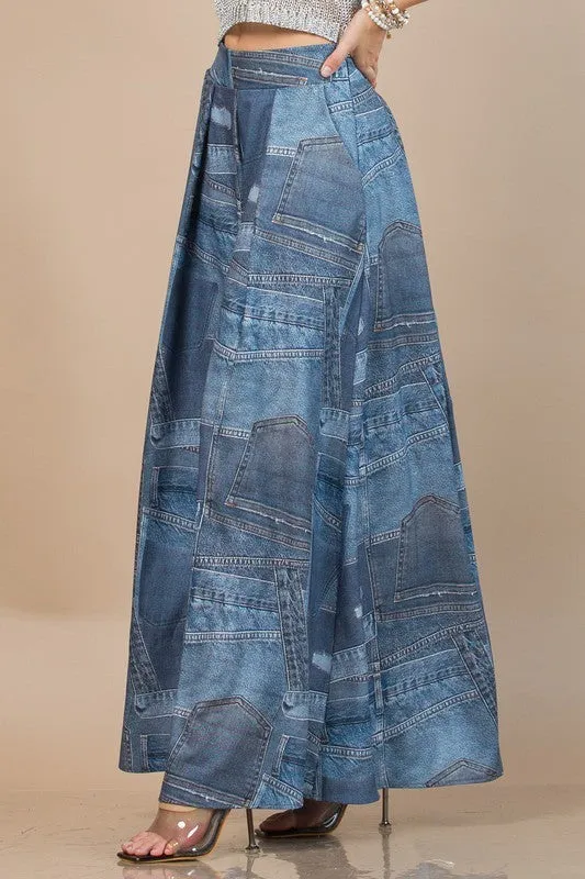 Denim Jean Print Palazzo Pants