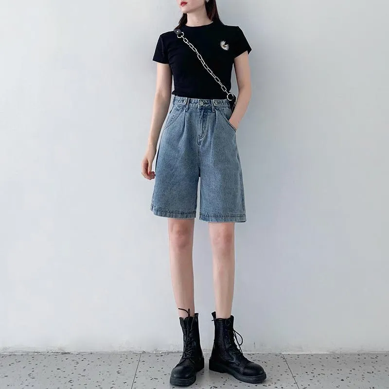 Denim Shorts Women Bermuda Summer Loose Korean High Waist Slim Look Elastic Straight Wide Leg Pants INS Bermuda Shorts