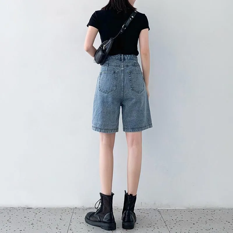 Denim Shorts Women Bermuda Summer Loose Korean High Waist Slim Look Elastic Straight Wide Leg Pants INS Bermuda Shorts