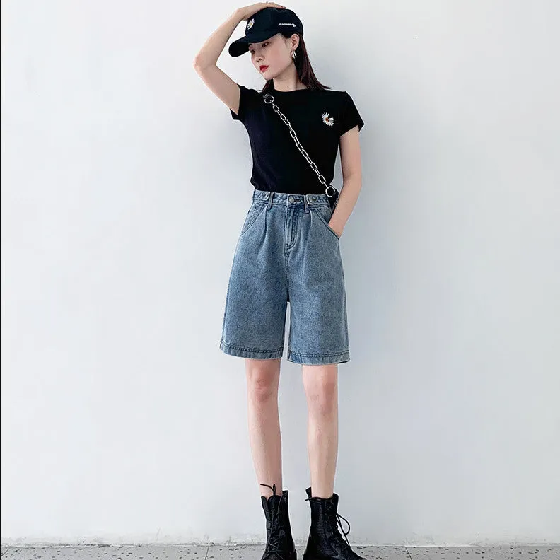 Denim Shorts Women Bermuda Summer Loose Korean High Waist Slim Look Elastic Straight Wide Leg Pants INS Bermuda Shorts