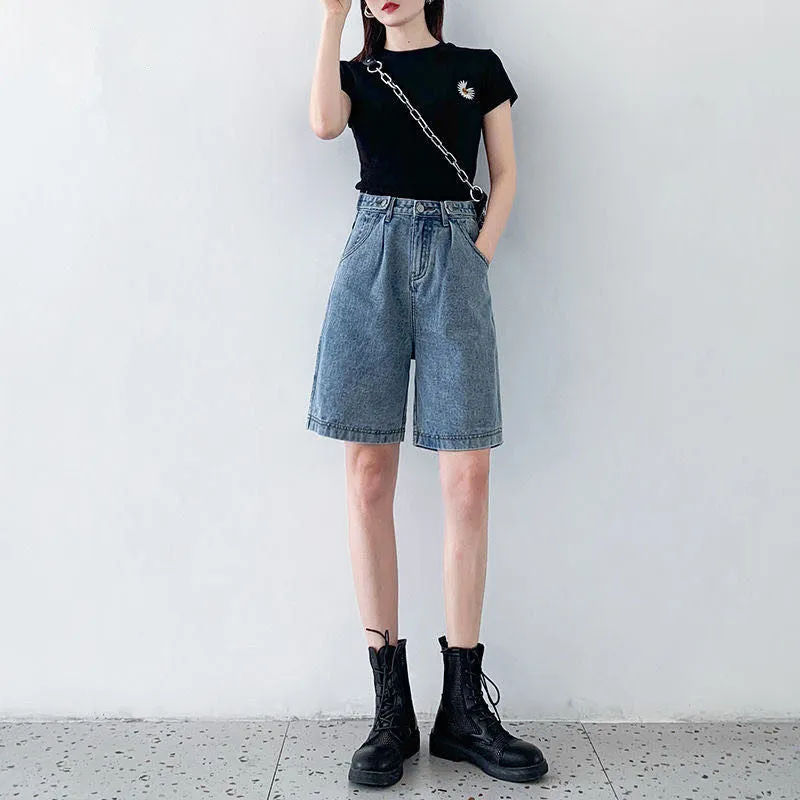 Denim Shorts Women Bermuda Summer Loose Korean High Waist Slim Look Elastic Straight Wide Leg Pants INS Bermuda Shorts