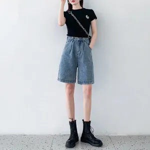 Denim Shorts Women Bermuda Summer Loose Korean High Waist Slim Look Elastic Straight Wide Leg Pants INS Bermuda Shorts