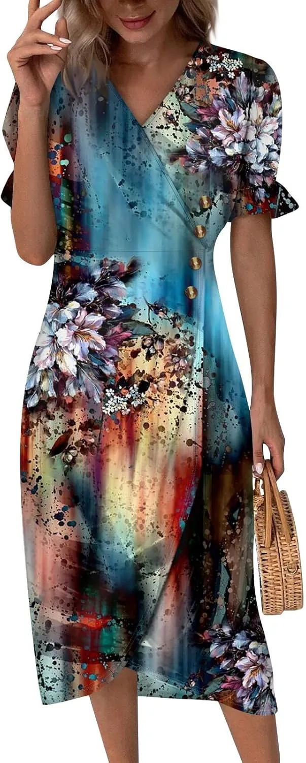 Dresses for Women Summer Boho Floral Print V Neck Maxi Wrap Dress Ruffle A-Line Flowy Maxi Wedding Guest Dresses