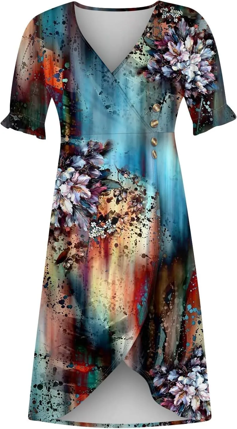 Dresses for Women Summer Boho Floral Print V Neck Maxi Wrap Dress Ruffle A-Line Flowy Maxi Wedding Guest Dresses