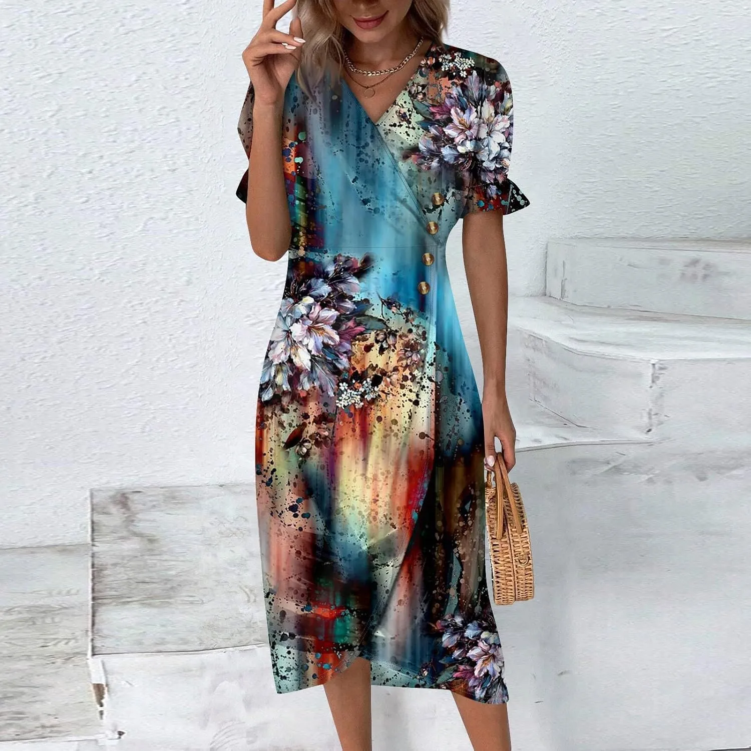 Dresses for Women Summer Boho Floral Print V Neck Maxi Wrap Dress Ruffle A-Line Flowy Maxi Wedding Guest Dresses