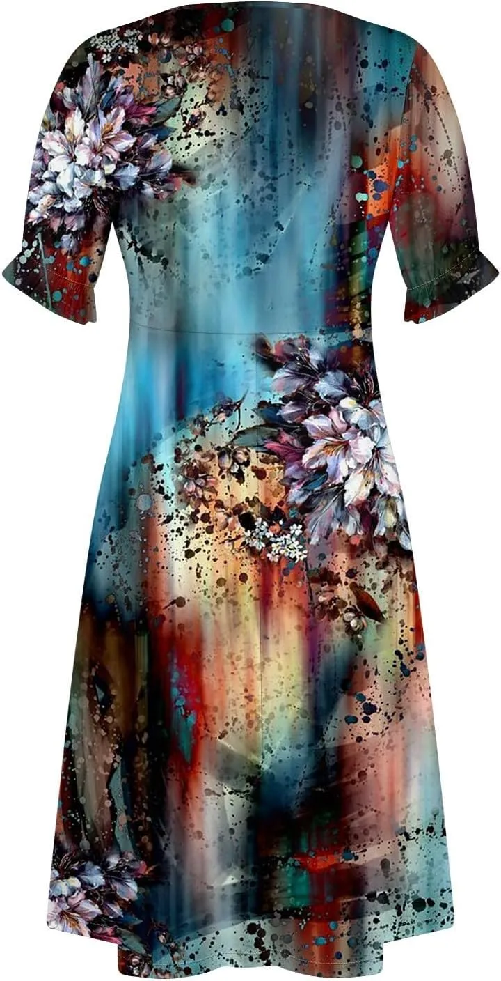 Dresses for Women Summer Boho Floral Print V Neck Maxi Wrap Dress Ruffle A-Line Flowy Maxi Wedding Guest Dresses