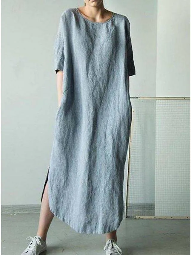 Dunnmall Women's Shift Dress Midi Dress - Short Sleeve Solid Color Summer Hot Casual Loose White Black Khaki Green Dark Gray Gray Light Blue S M L XL XXL 3XL 4XL 5XL